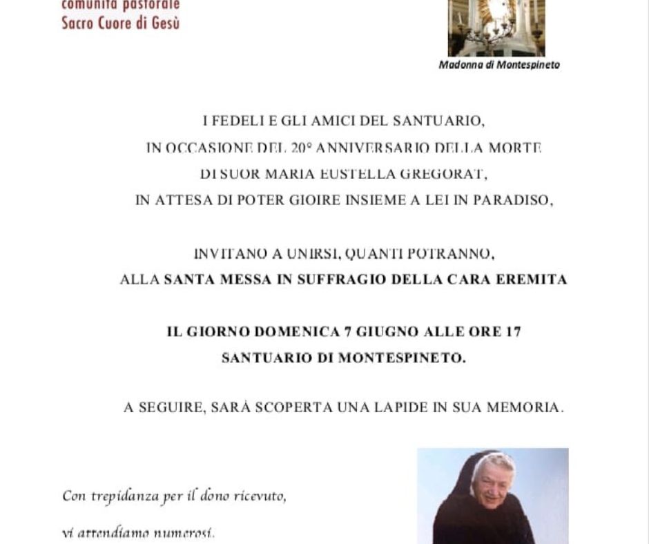 7 giugno a Montespineto: Messa in ricordo di Sr. Eusella